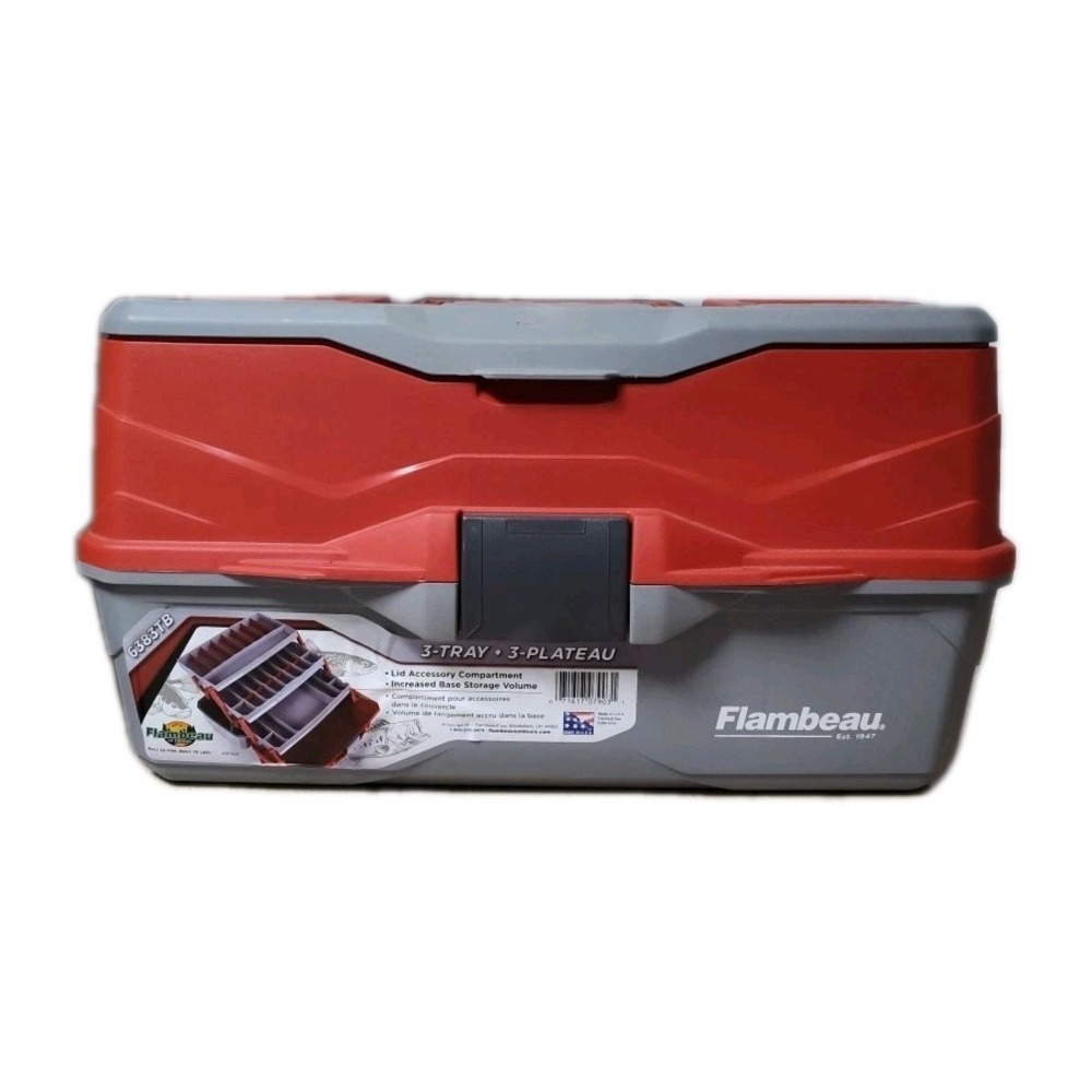Flambeau 3-Tray Tackle Box - 32 Compartment Organizer, Water-Resistant, Red/Gray